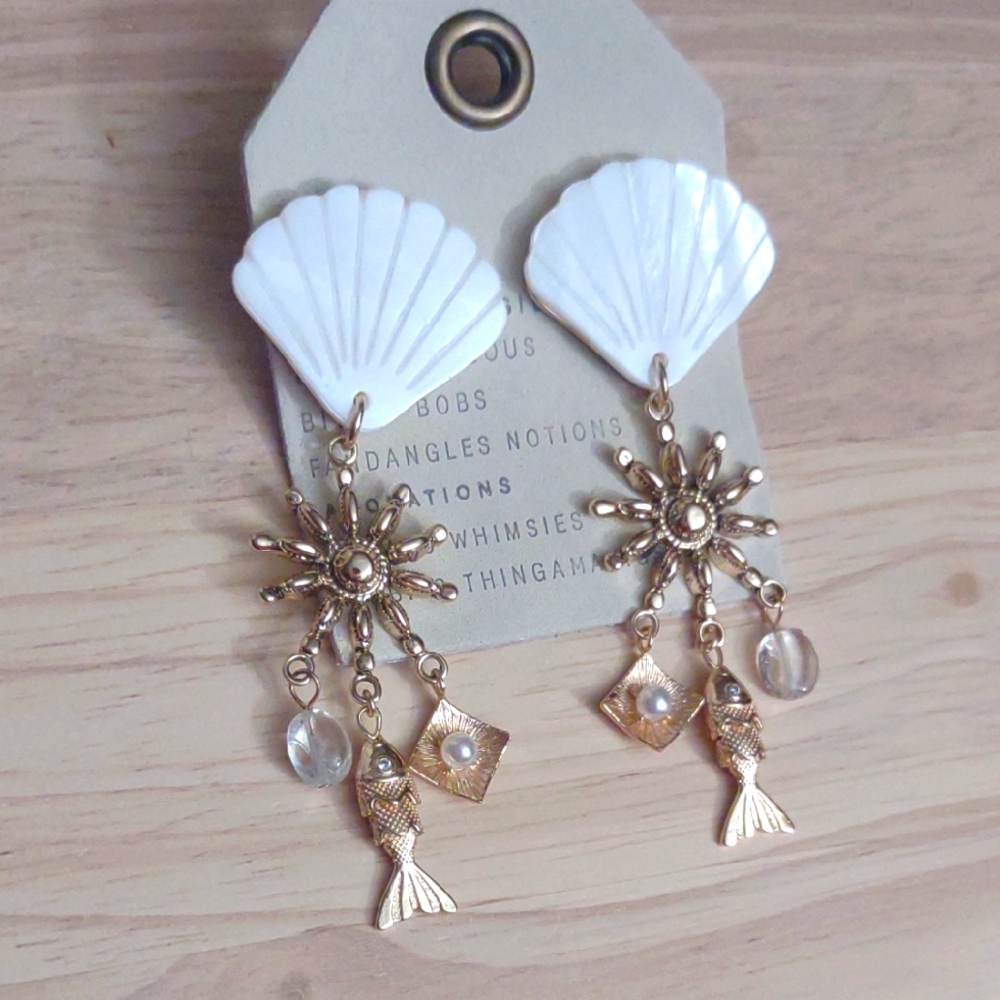 Anthropologie Mother Of Pearl Shell Fish Dangle Gold Charm Earrings